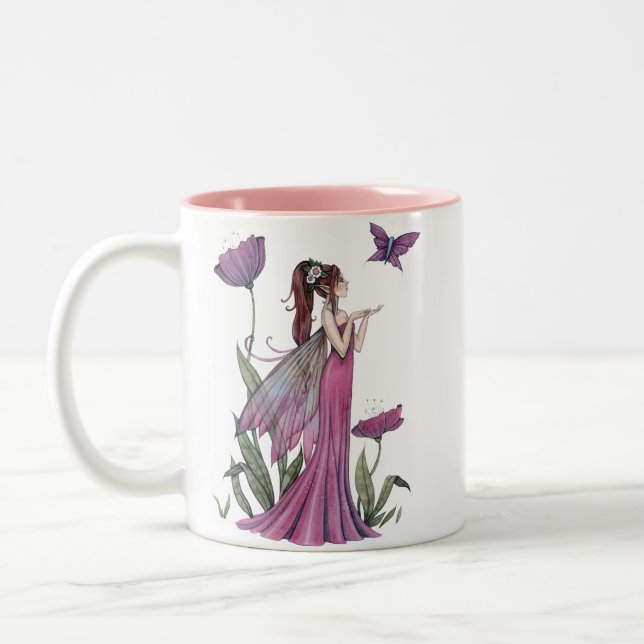 Lila Poppy Ängslev Fjäril Fantasy Art Mugg (Vänster)