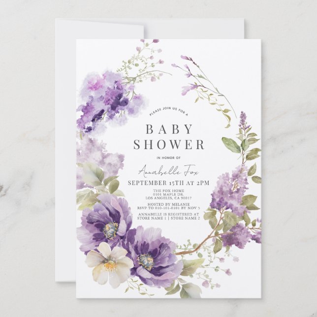 Lila Poppy & Lilac Blommigt Baby Shower Inbjudningar (Framsida)
