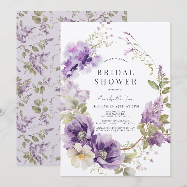 Lila Poppy & Lilac Blommigt Möhippa Inbjudningar (Fram/baksida)