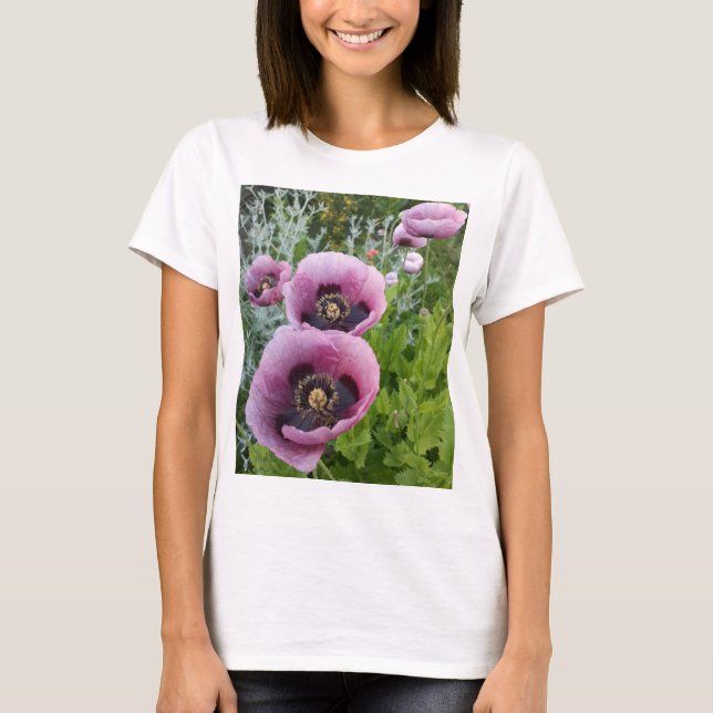 Lila Poppy Rosa Flower Blommigt Womans T Shirt (Framsida)