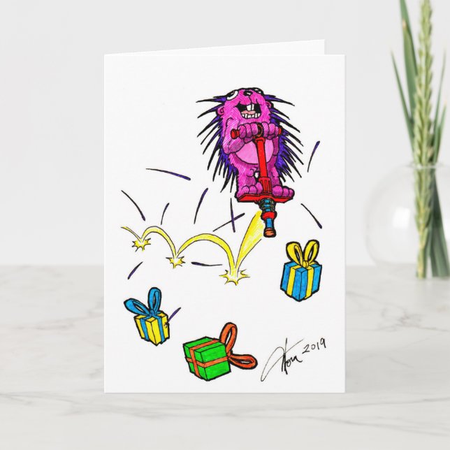 Lila Porcupine på ett Pogo Stick-födelsedagskort Kort (Framsida)