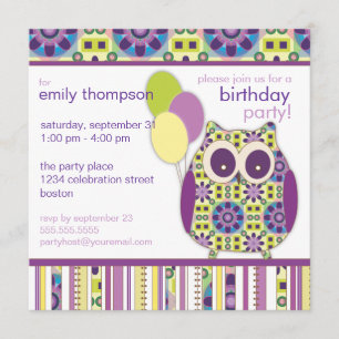 Lila Power Birthday Uggla Party bjudan Inbjudningar