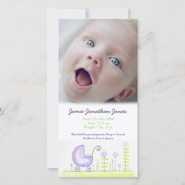Lila Pram Baby Birth Announcement Photo Card Meddelande (Framsida)