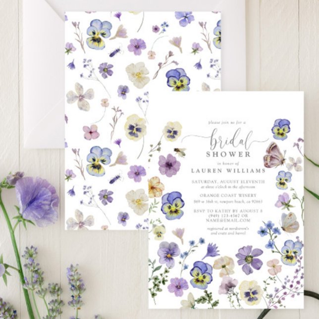 Lila Pressed Botanical Flowers Möhippa Inbjudningar (Bridal Shower Invitation!)