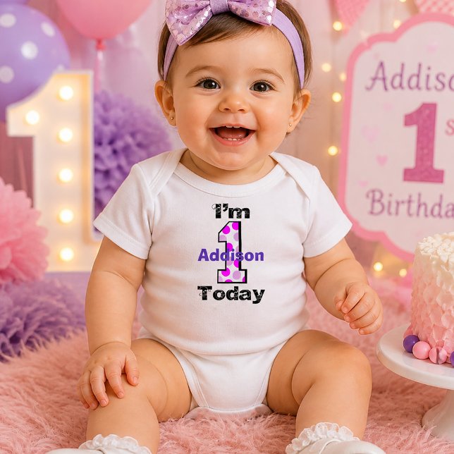 Lila Prickig 1-års Födelsedagsflicka Tee Shirt (Purple Polka Dot 1st Birthday Girl Baby Bodysuit)