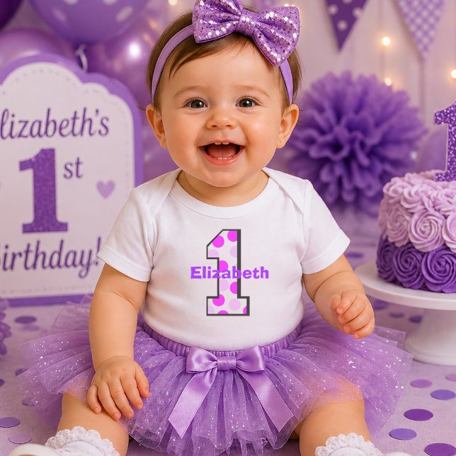 Lila prickig enkel 1-årsfest tee (Purple Polka Dot Simple 1 First Birthday Baby T-Shirt)