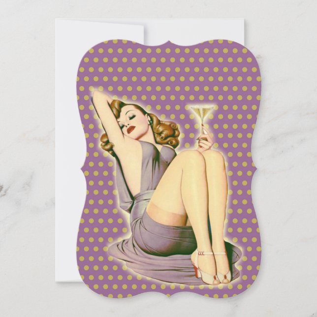 lila prickig martini rockabilly pinup-flicka inbjudningar (Framsida)