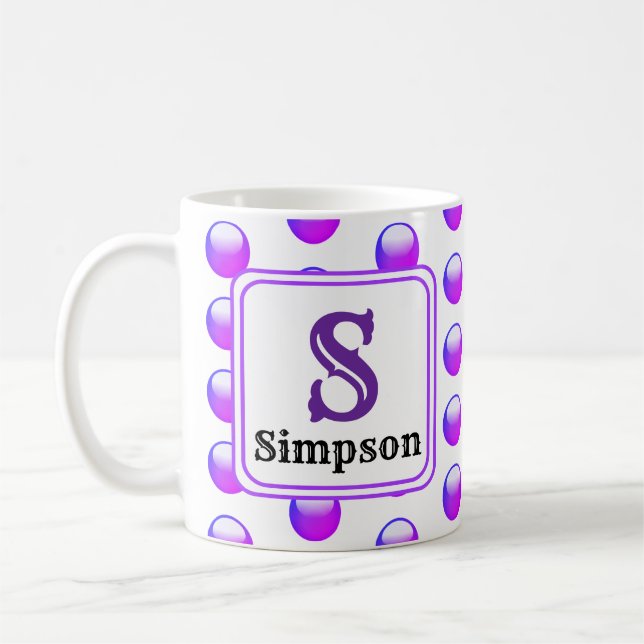 Lila prickig monogram initial och namn kaffemugg (Vänster)