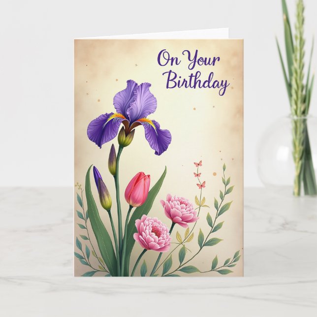 Lila prickiga blomkort kort (Framsida)