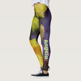 Lila prickly pear cactus med gula blommor leggings