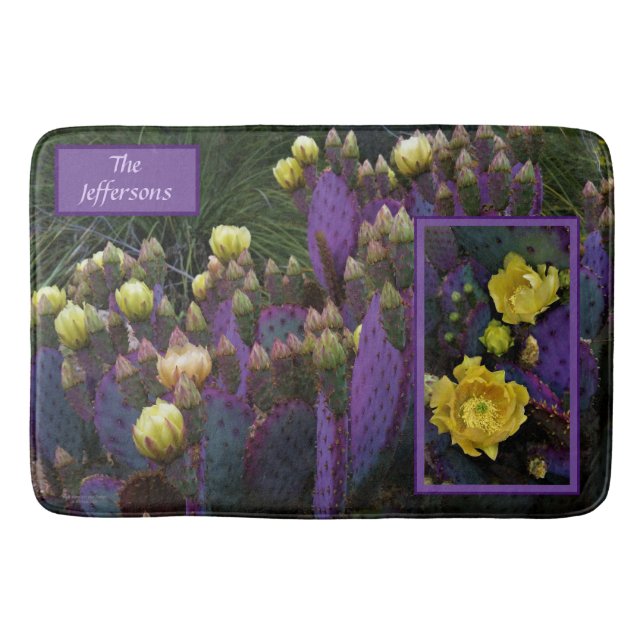 Lila Prickly Pear Opuntia Cactus Gula blommor Badrumsmatta (Framsidan)