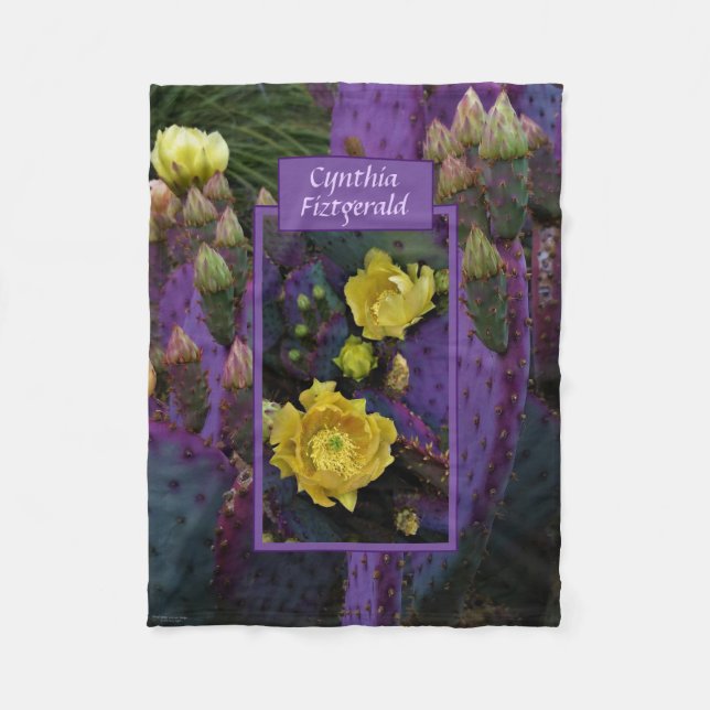 Lila Prickly Pear Opuntia Cactus Gula blommor Fleecefilt (Framsidan)