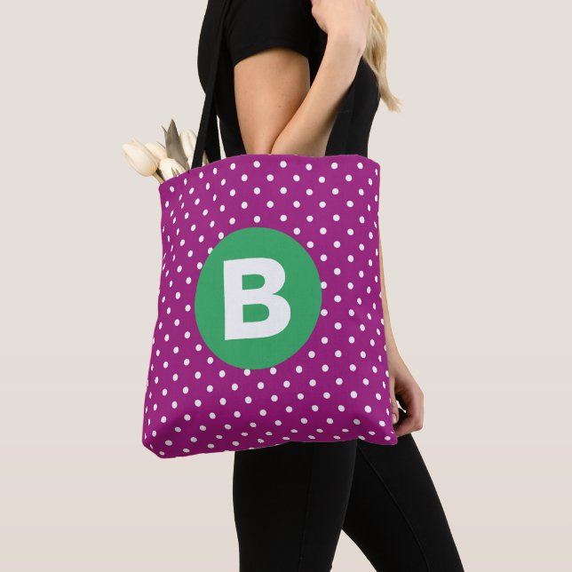 Lila prickmönster Grönt monogram Tygkasse (Närbild)