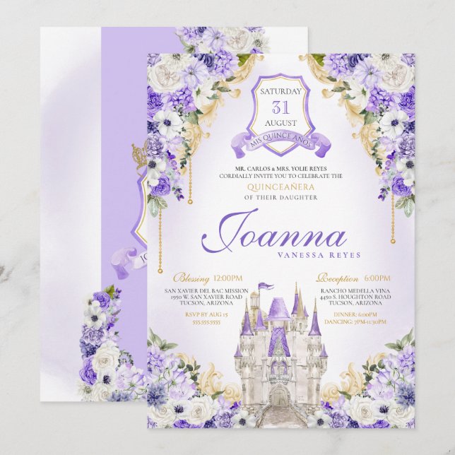 Lila Princess Castle Royal Lavender Quinceanera Inbjudningar (Fram/baksida)