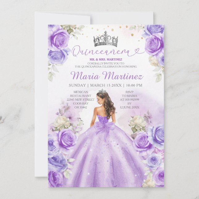 Lila Princess Dacks Blommigt Silver Quinceañera Inbjudningar (Framsida)