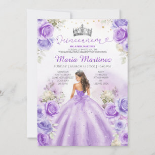 Lila Princess Dacks Blommigt Silver Quinceañera Inbjudningar