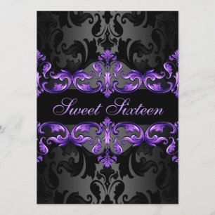 Lila Princess Damask Sweet16 Birthday Inbjudan