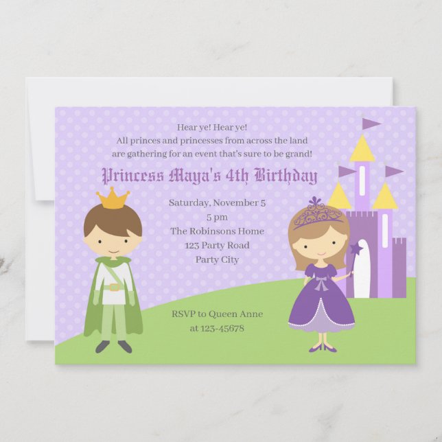 Lila Princess & Grönt Prince Birthday-inbjudan Inbjudningar (Framsida)