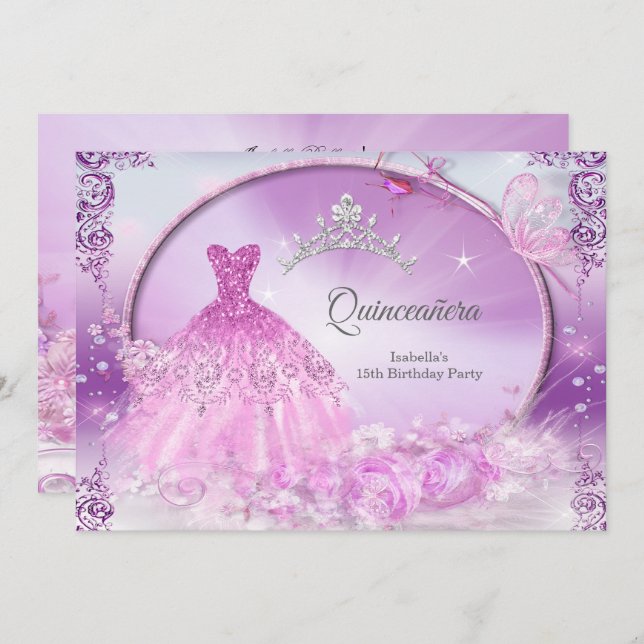 Lila Princess Quinceanera Magic Dress Inbjudningar (Fram/baksida)