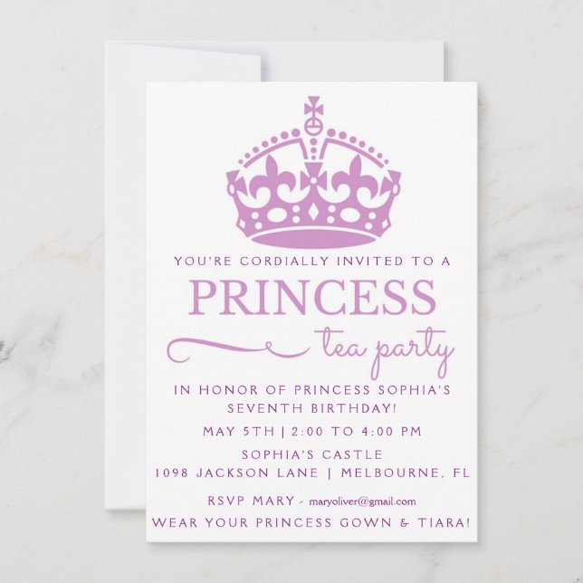 Lila Princess Tea Party födelsedagsinbjudan Inbjudningar (Front)