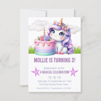 Lila Princess Unicorn Födelsedagsfest Inbjudningar
