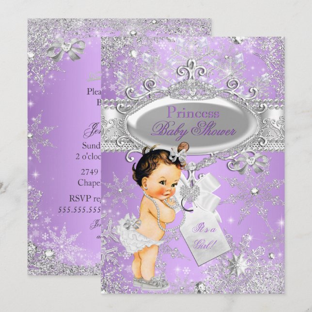 Lila Princess Winter Baby Shower Brunette Inbjudningar (Fram/baksida)
