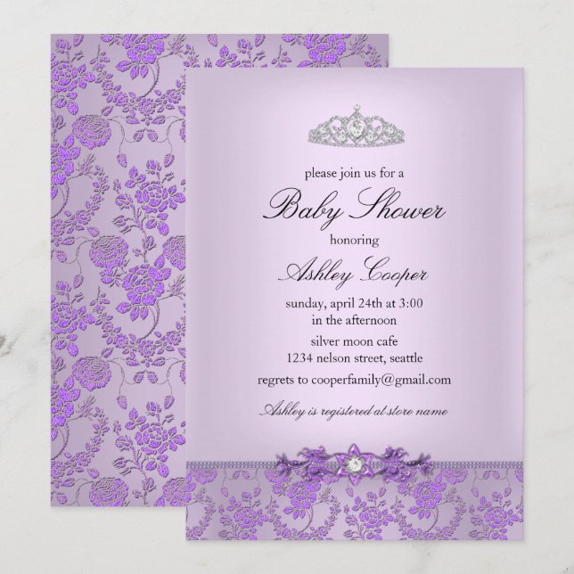 Lila prinsessa baby shower inbjudan (Fram/baksida)