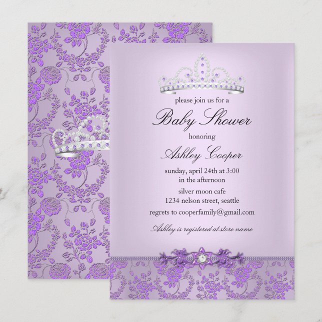 Lila prinsessa baby shower tiara inbjudningar (Fram/baksida)