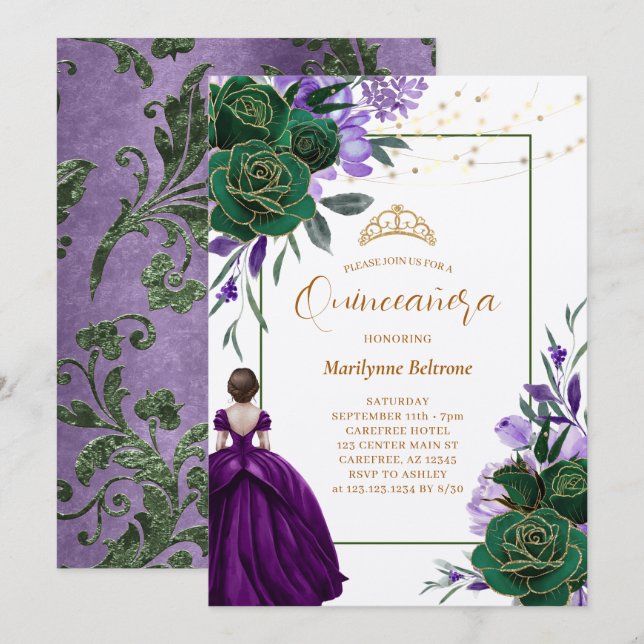 Lila Prinsessa Blommig Quinceañera Inbjudningar (Fram/baksida)