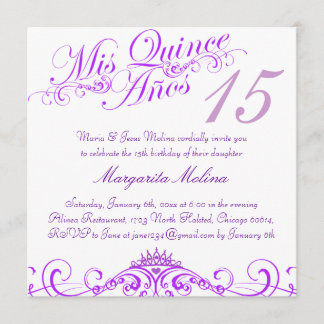 Lila Prinsessa Tiara Quinceanera Inbjudan