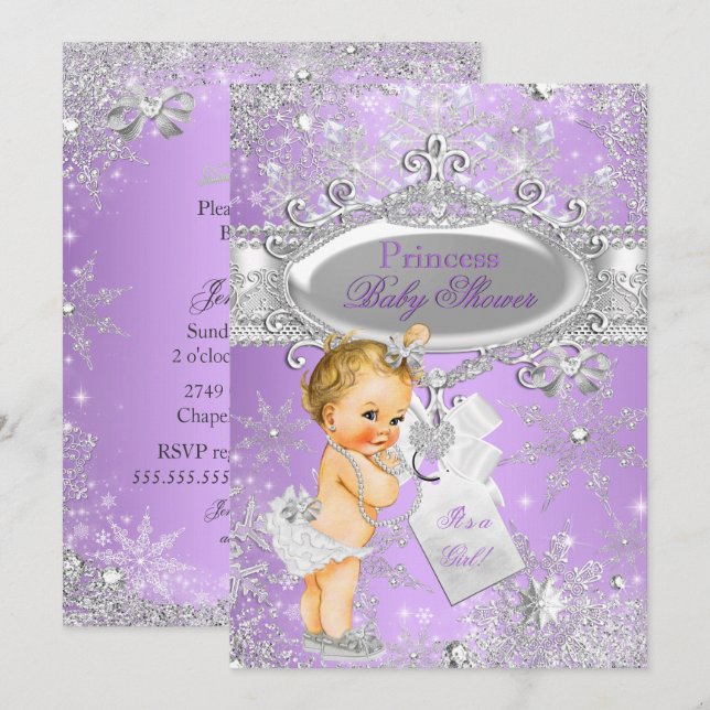 Lila prinsessa vinter baby shower blond inbjudningar (Fram/baksida)