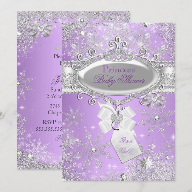 Lila prinsessa vinterflicka baby shower inbjudningar (Fram/baksida)