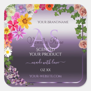 Lila Product Labels Colorful Flowers Monogram Fyrkantigt Klistermärke