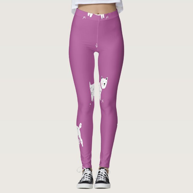 Lila Pudel: Monokrom Retro Mönster Leggings (Framsida)