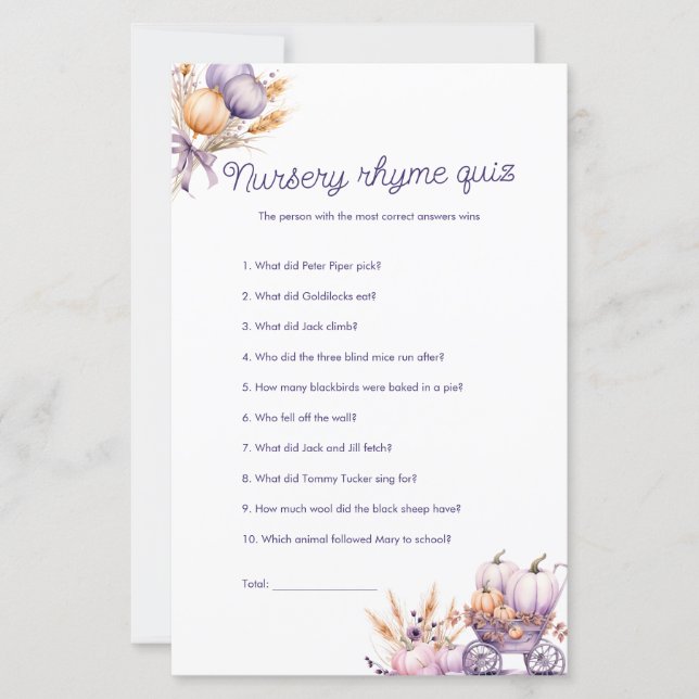 Lila Pumpa Barnramsa Frågesport Baby Shower Spel (Framsida)