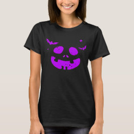 Lila Pumpkin Ansikte med Fladdermus Halloween T Shirt