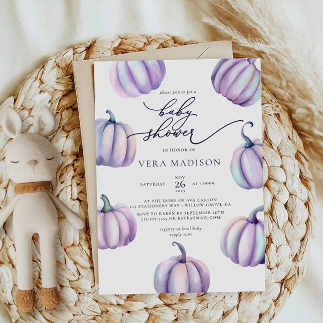 Lila Pumpkin Watercolor Baby Shower Inbjudningar (Skapare uppladdad)