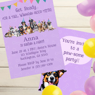 Lila Puppy Hund Birthday Tass-ty Inbjudningar