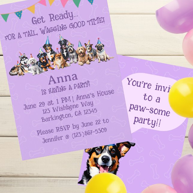 Lila Puppy Hund Birthday Tass-ty Inbjudningar (Skapare uppladdad)