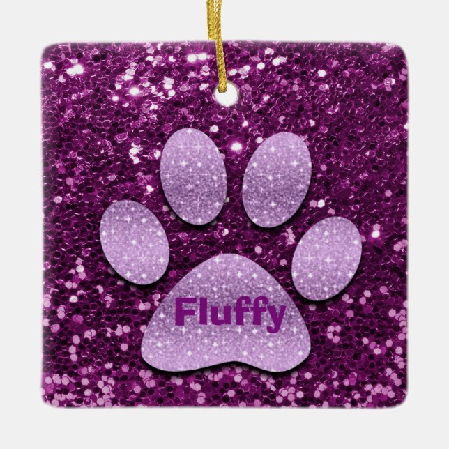 Lila Puppy Tass Lila Faux Glitter Julgransprydnad Keramik (Framsida)