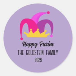 Lila Purim Clown Hat Family Namn Runt Klistermärke