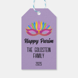 Lila Purim-mask med fäderfamiljen Namn Presentetikett
