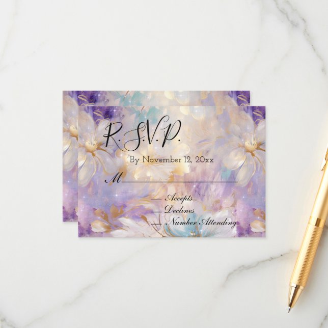 Lila Purple Guld Glamour Blommig Bröllops-RSVP Tilläggskort (Fram/Back In Situ)