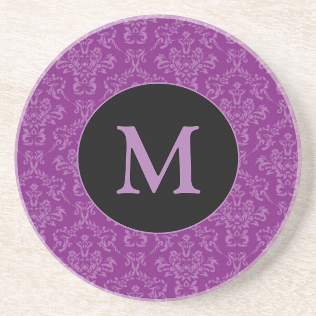 Lila Purpur Elegant Vintage Damask Monogram Underlägg (Framsidan)