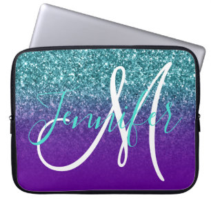 Lila Purpur och Teal Ombre Glitter Monogram Laptop Fodral