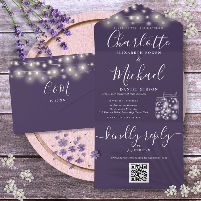Lila QR-kod Murar Jars Sträng Ljus Bröllop (Purple QR Code Mason Jars String Light Wedding All In One Invitation)