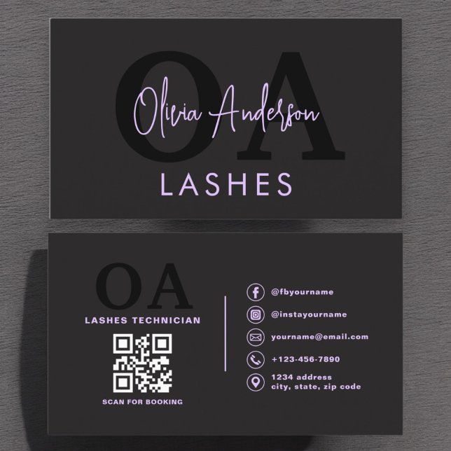 Lila QR-kod Öga Lash Technician Black Visitkort (Skapare uppladdad)