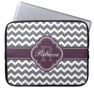 Lila Quatrefoil Monogram Grått Chevron Mönster Laptop Fodral