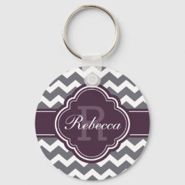 Lila Quatrefoil Monogram Grått Chevron Mönster Nyckelring