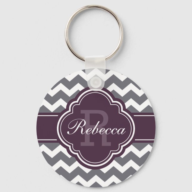 Lila Quatrefoil Monogram Grått Chevron Mönster Nyckelring (Framsida)